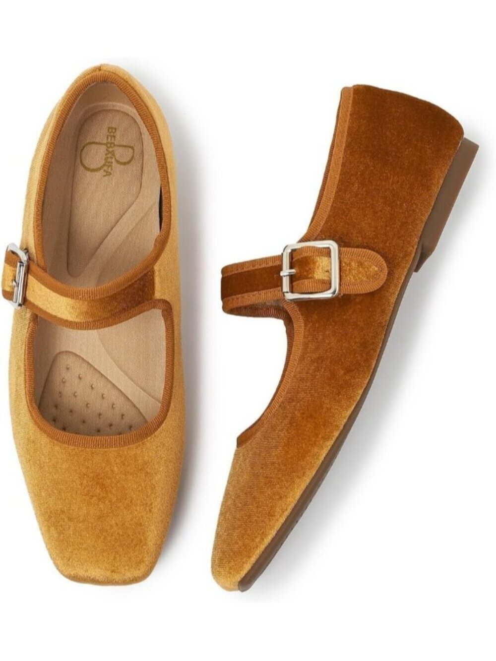 Women's Orange Mary Jane Square Toe Ballet Flats With Adjustable Strap Shoes